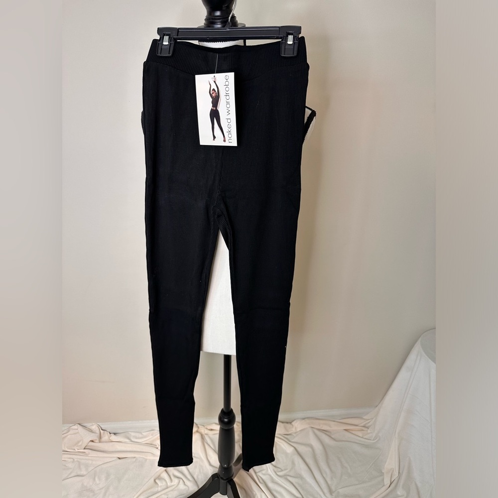NAKED WARDROBE Black Ribbed Knit Leggings Sz S NWT (A0030 B3)